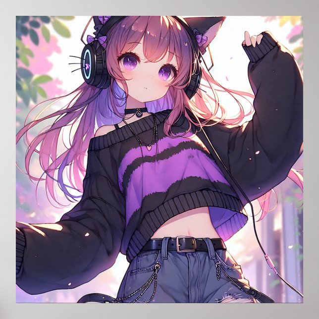 Pretty Anime Girl in Headphones with Cat Ears Poster (Front)