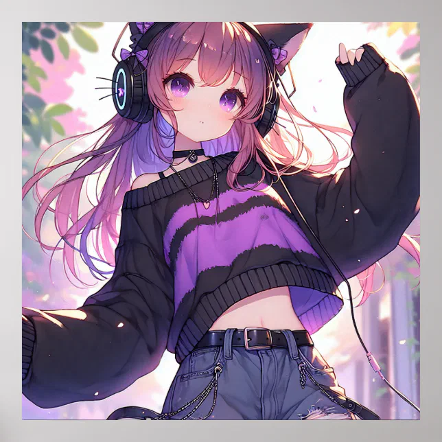 Pretty Anime Girl in Headphones with Cat Ears Poster | Zazzle