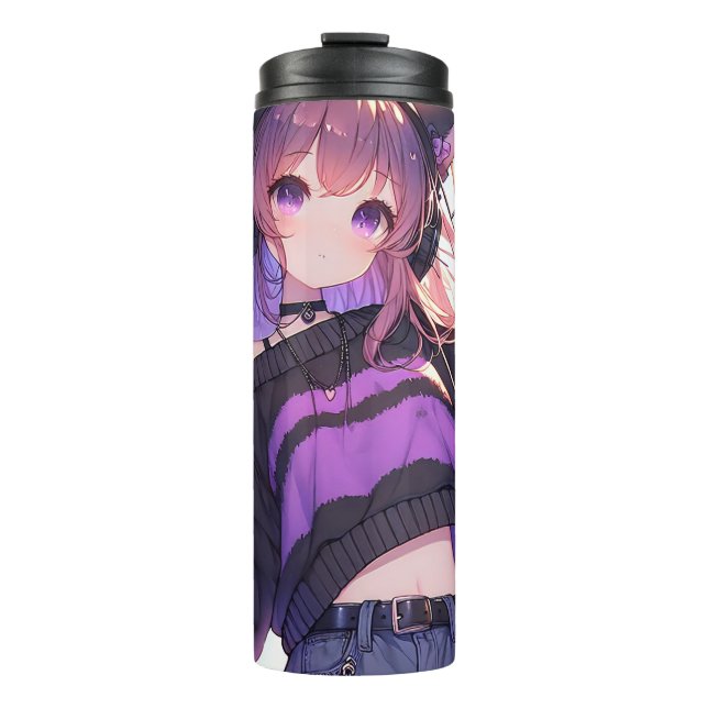 Pretty Anime Girl in Headphones with Cat Ears Thermal Tumbler (Front)