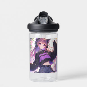 Pretty Anime Girl in Headphones with Cat Ears Water Bottle