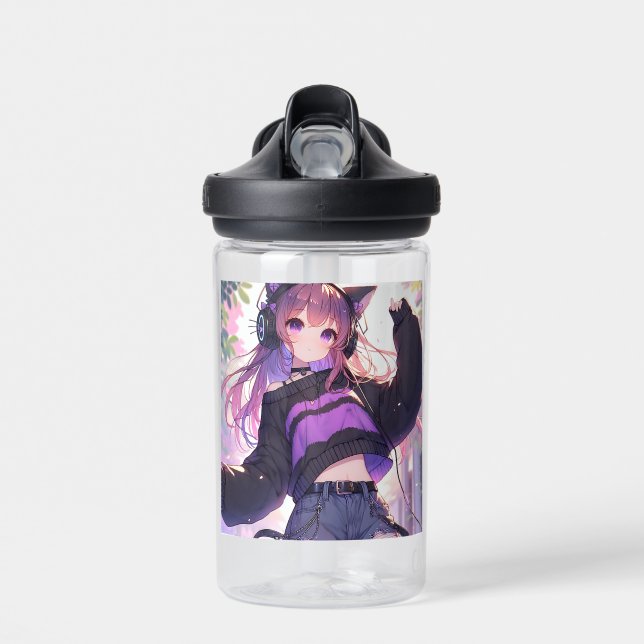 Pretty Anime Girl in Headphones with Cat Ears Water Bottle (Front)