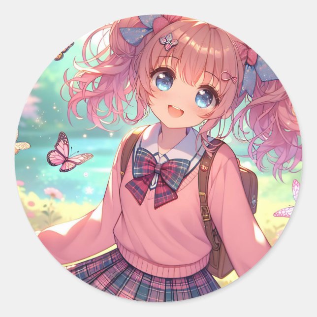 Pretty Anime Girl in Pink Pigtails Classic Round Sticker (Front)