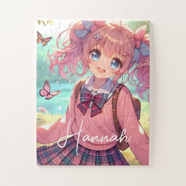 Pretty Anime Girl in Pink Pigtails Jigsaw Puzzle (Vertical)