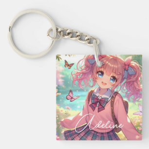 Pretty Anime Girl in Pink Pigtails Key Ring