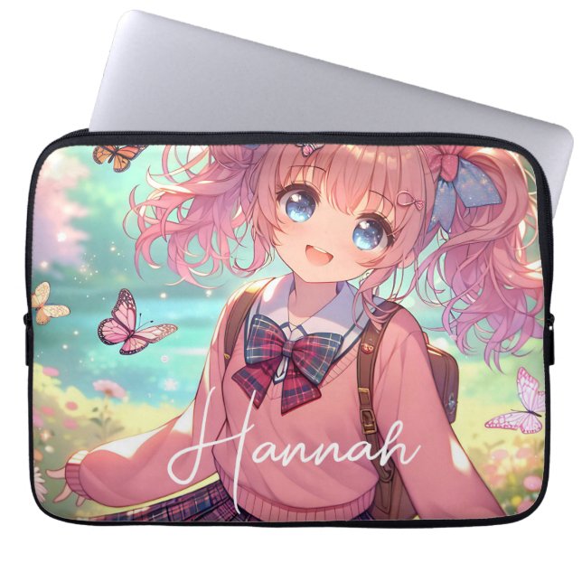 Pretty Anime Girl in Pink Pigtails Laptop Sleeve (Front)