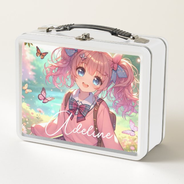 Pretty Anime Girl in Pink Pigtails Metal Lunch Box (Front)