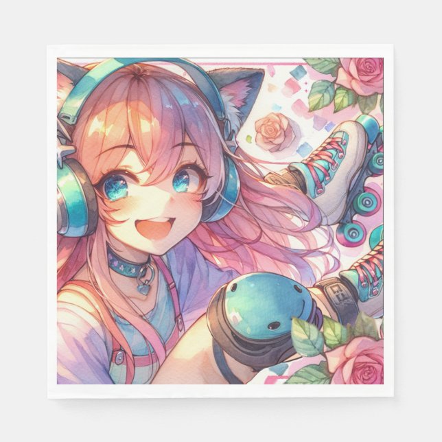 Pretty Anime Girl in Roller skates Birthday Party Napkin (Front)