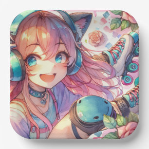 Pretty Anime Girl in Roller skates Birthday Party Paper Plate