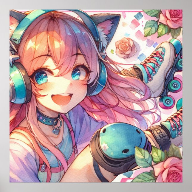 Pretty Anime Girl in Roller skates  Poster (Front)