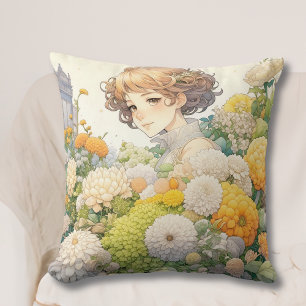 Pretty Anime Girl in Yellow and White Flowers Cushion