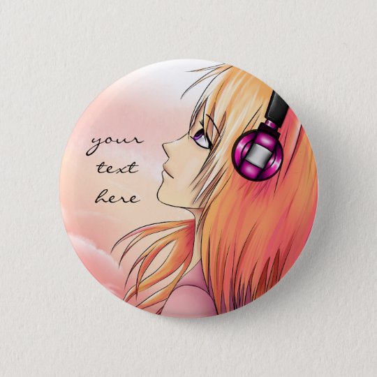 Pretty Anime Girl Listening To Music Button Zazzle Co Uk