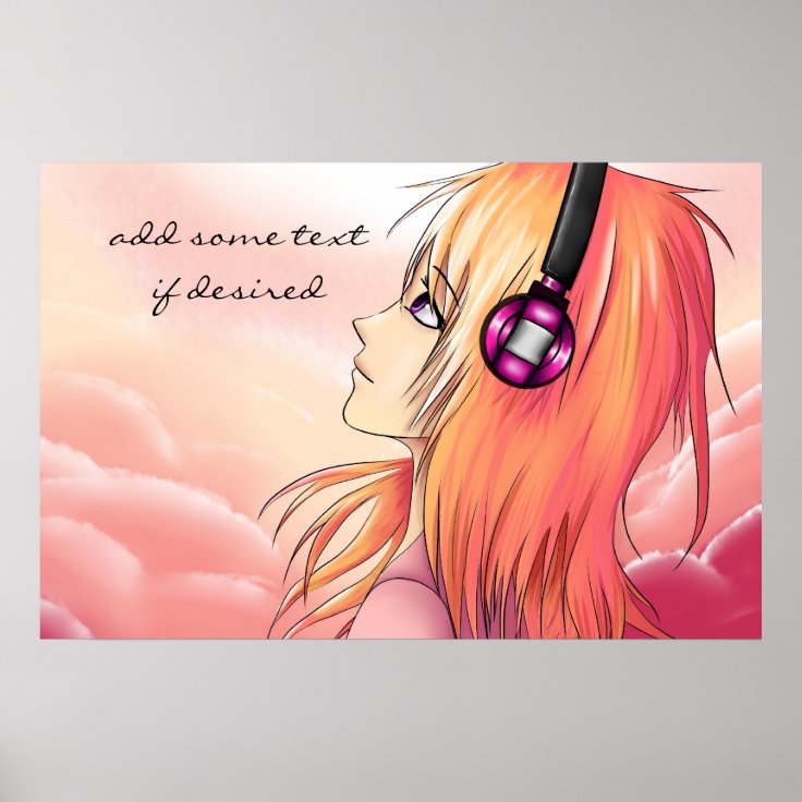 Pretty anime girl listening to music poster | Zazzle