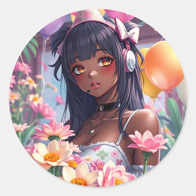 Pretty Anime Girl of Colour Personalised Birthday Classic Round Sticker (Front)