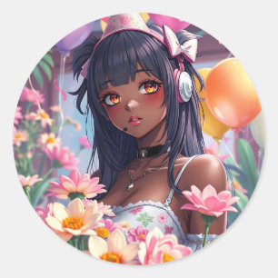 Pretty Anime Girl of Colour Personalised Birthday Classic Round Sticker