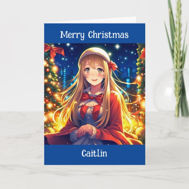 Pretty Anime Girl on Winter Day Christmas Card (Front)