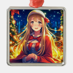Pretty Anime Girl on Winter Day Christmas Metal Tree Decoration