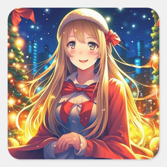Pretty Anime Girl on Winter Day Christmas Square Sticker (Front)