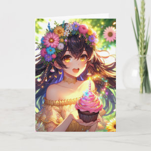 Pretty Anime Girl Personalised Birthday  Card