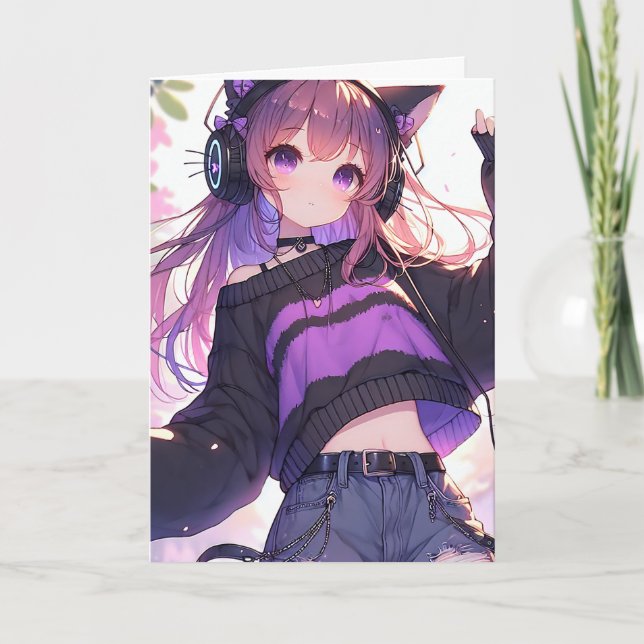 Pretty Anime Girl Personalised Birthday Card (Front)