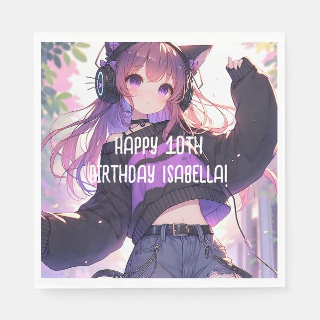Pretty Anime Girl Personalised Birthday Napkin (Front)