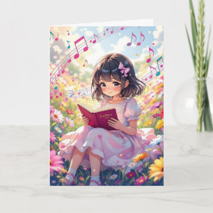 Pretty Anime Girl Reading Coloring Page Birthday Card