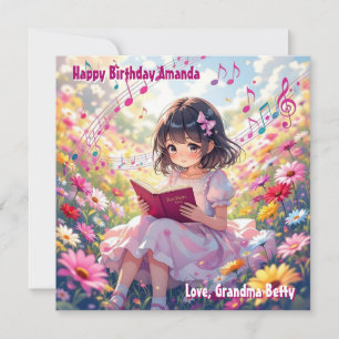 Pretty Anime Girl Reading   Colouring Page Birthda Card