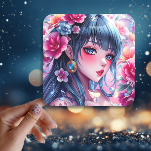 Pretty Anime Girl with Blue Eyes Square Sticker