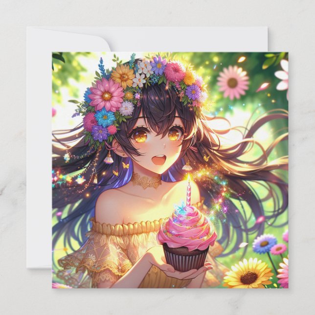 Pretty Anime Girl with Cupcake Birthday  Invitation (Front)