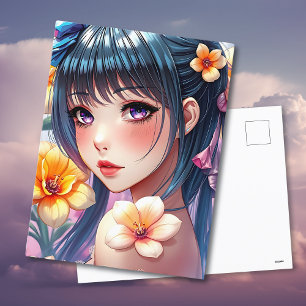 Pretty Anime Girl with Daffodils   Keep in Touch Postcard
