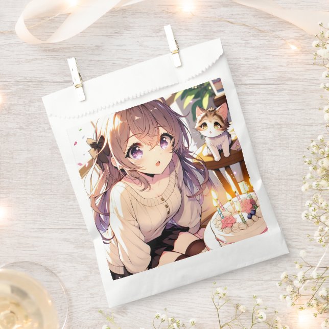 Pretty Anime Girl with Kitten and Birthday Cake Favour Bags (Clipped)