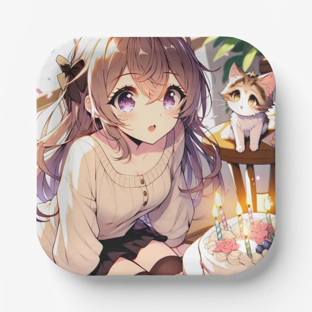 Pretty Anime Girl with Kitten and Birthday Cake Paper Plate (Front)