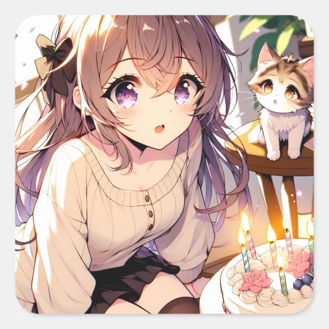 Pretty Anime Girl with Kitten and Birthday Cake Square Sticker (Front)