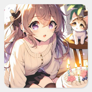 Pretty Anime Girl with Kitten and Birthday Cake Square Sticker