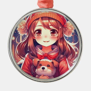 Pretty Anime Girl with Puppy and Ear Muffs Metal Tree Decoration