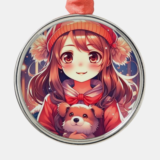 Pretty Anime Girl with Puppy and Ear Muffs Metal Tree Decoration (Front)