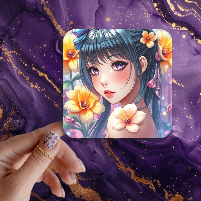 Pretty Anime Girl with Purple Eyes  Square Sticker (Creator Uploaded)