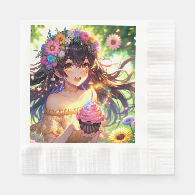 Pretty Anime Girl's Birthday Cupcake Napkin (Front)