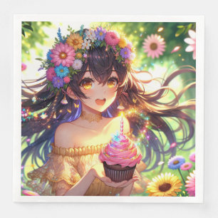 Pretty Anime Girl's Birthday Cupcake Napkin