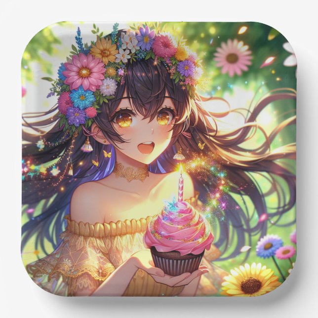 Pretty Anime Girl's Birthday Cupcake Paper Plate (Front)