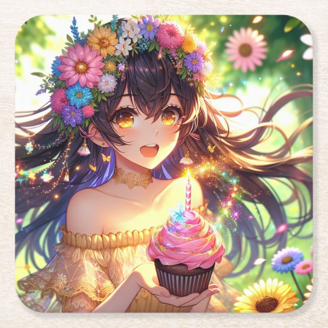 Pretty Anime Girl's Birthday Cupcake Square Paper Coaster (Front)