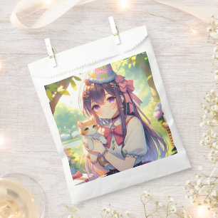 Pretty Anime Holding Kitten Girl's Birthday Favour Bags