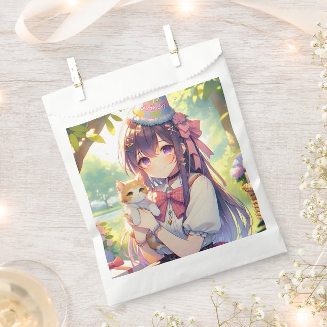 Pretty Anime Holding Kitten Girl's Birthday Favour Bags (Clipped)
