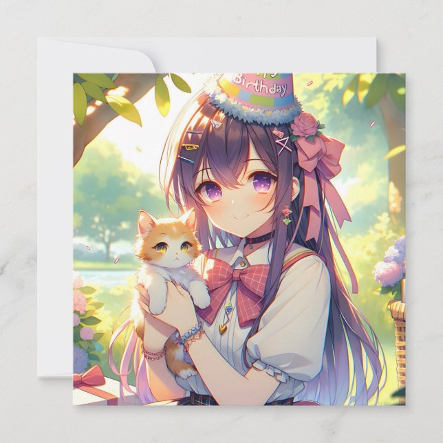 Pretty Anime Holding Kitten Girl's Birthday Invitation (Front)