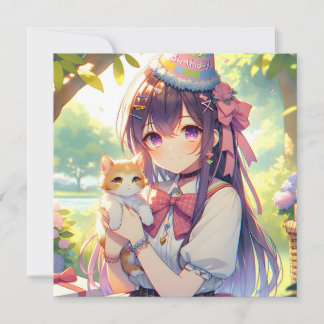 Pretty Anime Holding Kitten Girl's Birthday Invitation