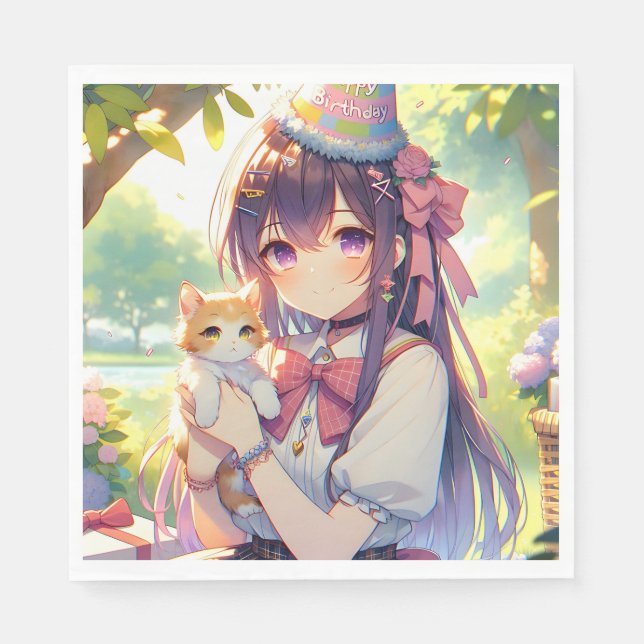 Pretty Anime Holding Kitten Girl's Birthday Napkin (Front)