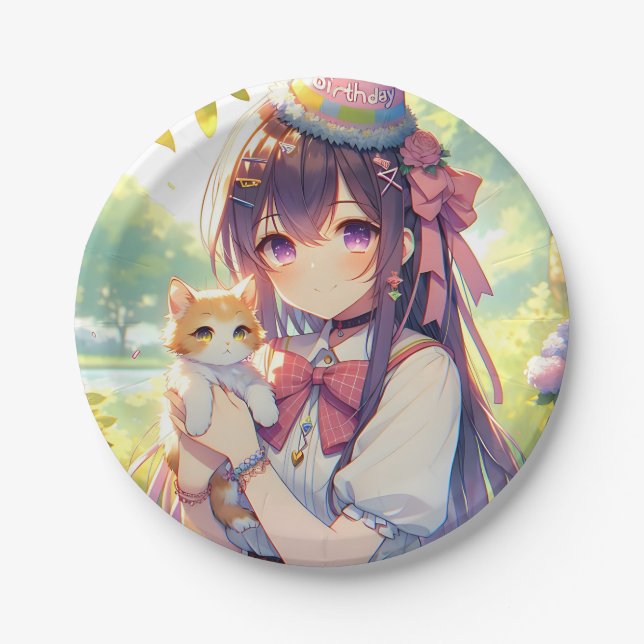 Pretty Anime Holding Kitten Girl's Birthday Paper Plate (Front)