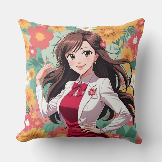 Pretty Anime Lady with Printed Floral Background Cushion (Front)