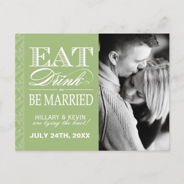 Pretty Apple Green Damask Save the Date Announcement Postcard (Front)