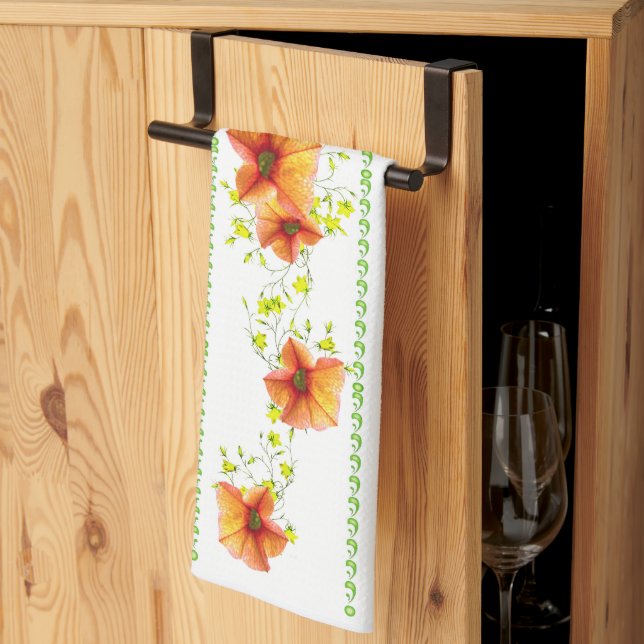 Pretty Apricot Flowers Tea Towel (Thirds Fold)