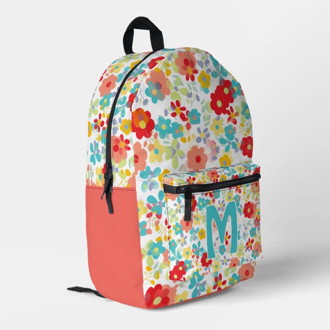 Pretty Aqua Blue Blush Pink Red Floral Pattern Printed Backpack (Back Corner Left)